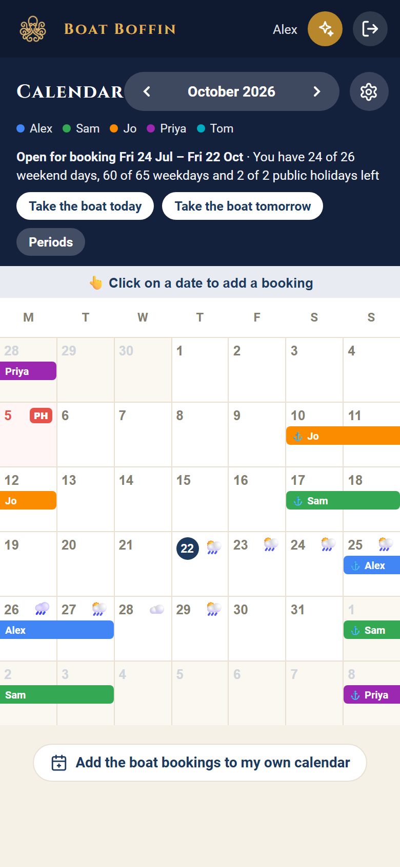 The booking calendar, with each partner's bookings in their colour